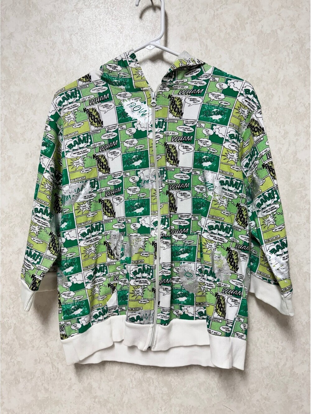 Lipsy Comic Book Full Zip Hoodie Green Silver Foil 3X